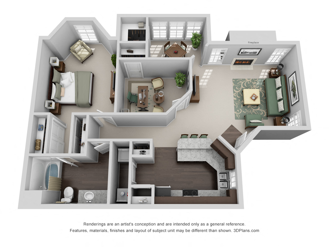 Floor plan for 1 bed, 1 bath, 916 sqft